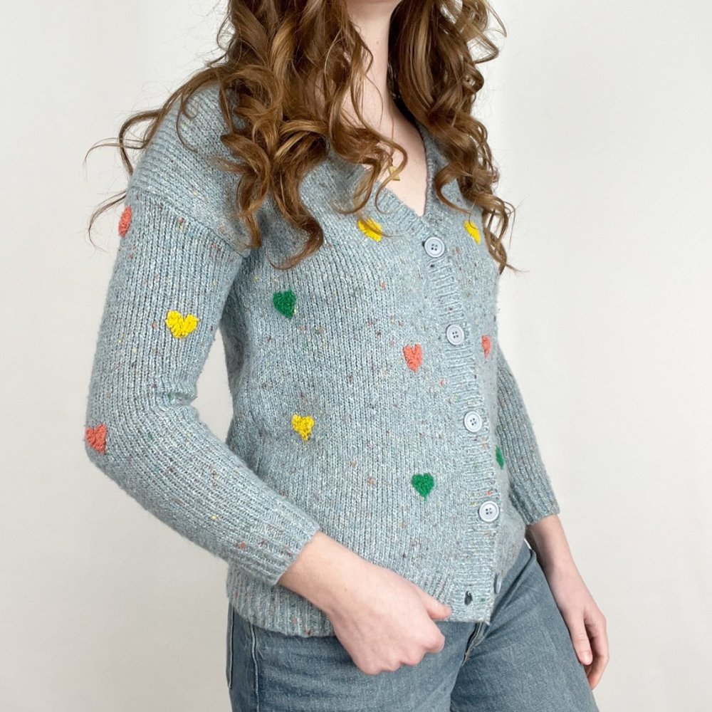Vintage Hand Knit Embroidered Hearts Cardigan Sweater Cute Cozy Girly Handmade - Picture 2 of 8